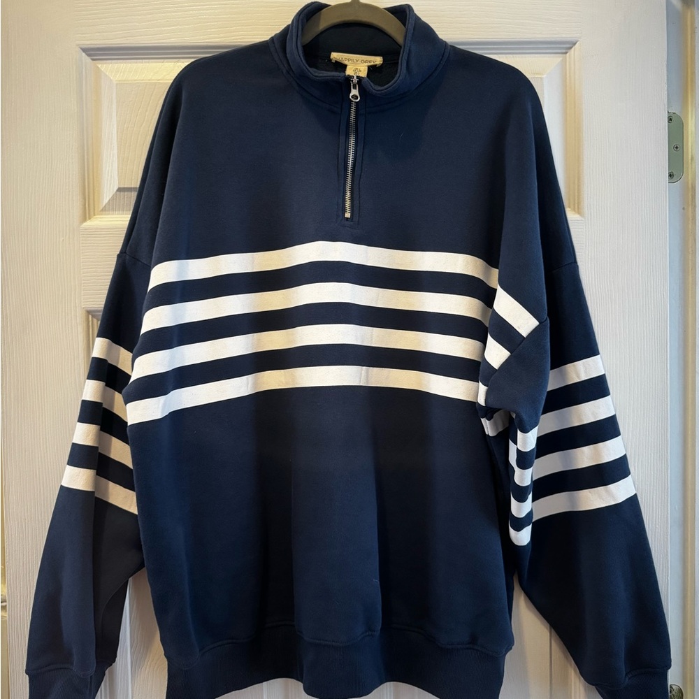 Navy and White Striped Women's Zip-Up Sweater